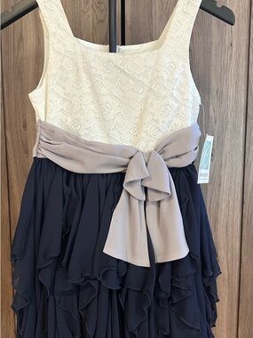 Bonnie Jean White Lace Bodice Navy Ruffle Dress with Gray Sash